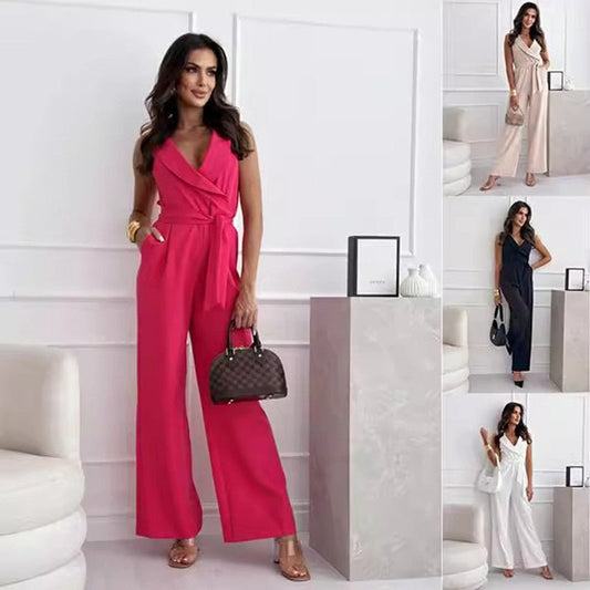 V-neck Sleeveless Jumpsuit With Belt Design Summer Fashion Trousers Women's Clothing.
