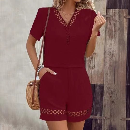 V-neck Stitching Short Sleeve Solid Color Shorts Suit Women.