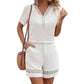 V-neck Stitching Short Sleeve Solid Color Shorts Suit Women.