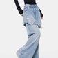 Vintage Blue Washed Fake Two-piece Jeans For Women Ripped Straight Pants.