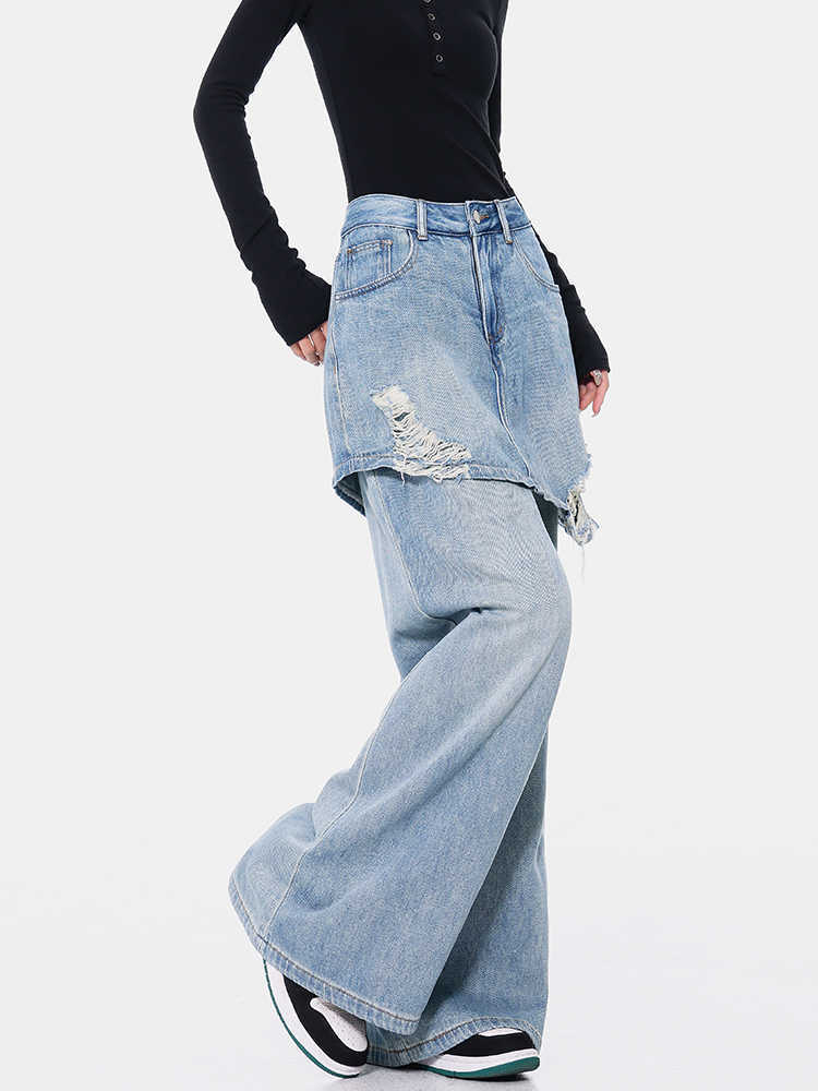 Vintage Blue Washed Fake Two-piece Jeans For Women Ripped Straight Pants.
