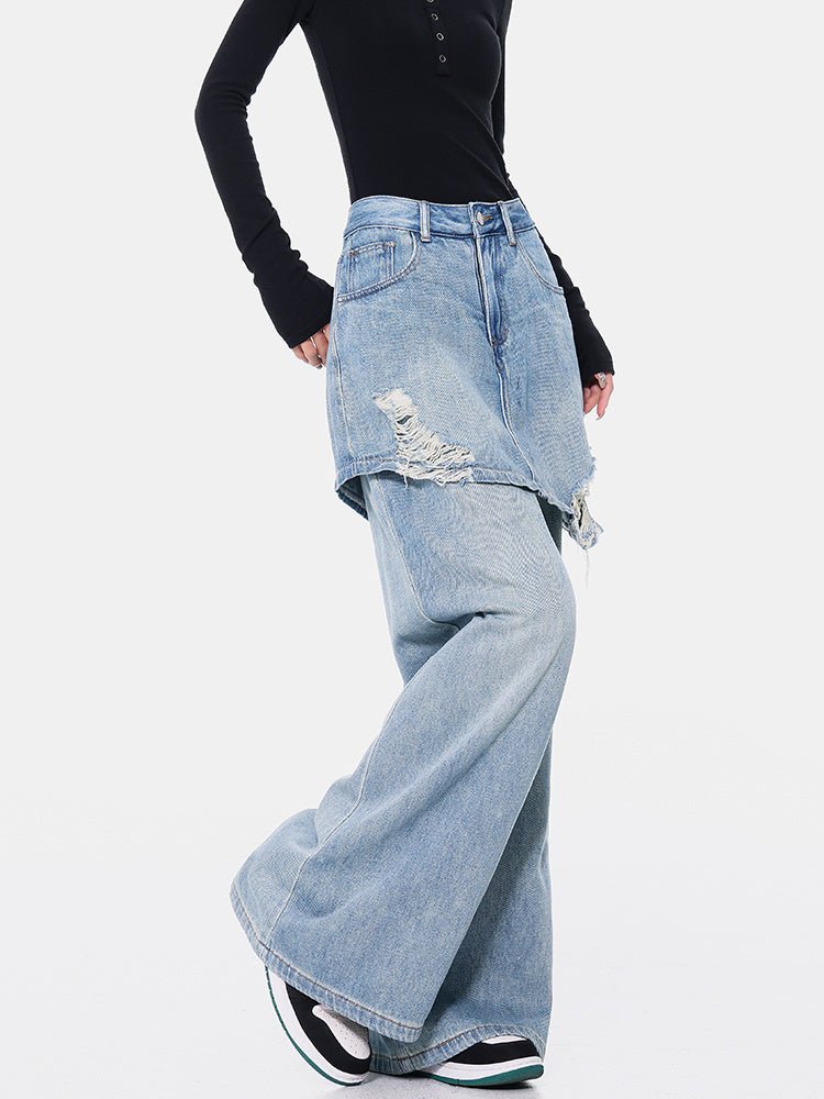 Vintage Blue Washed Fake Two-piece Jeans For Women Ripped Straight Pants.