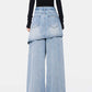 Vintage Blue Washed Fake Two-piece Jeans For Women Ripped Straight Pants.