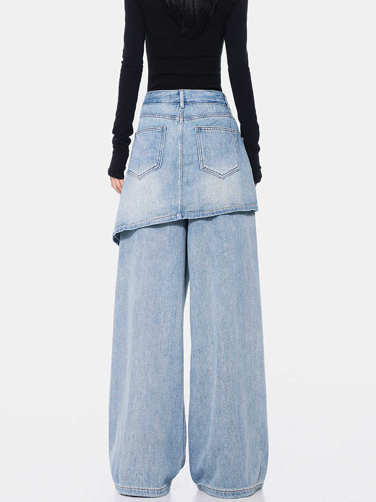 Vintage Blue Washed Fake Two-piece Jeans For Women Ripped Straight Pants.