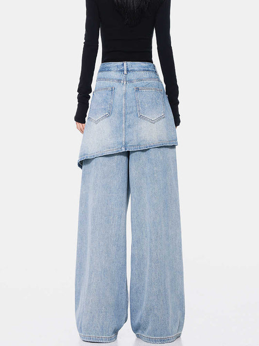 Vintage Blue Washed Fake Two-piece Jeans For Women Ripped Straight Pants.