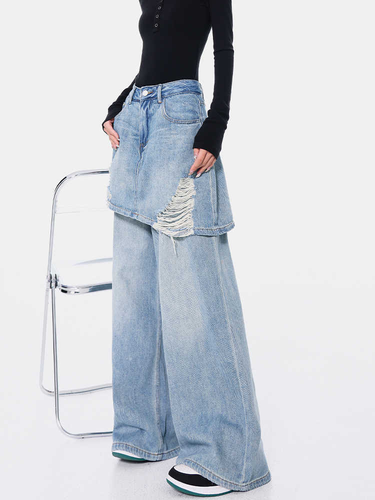 Vintage Blue Washed Fake Two-piece Jeans For Women Ripped Straight Pants.