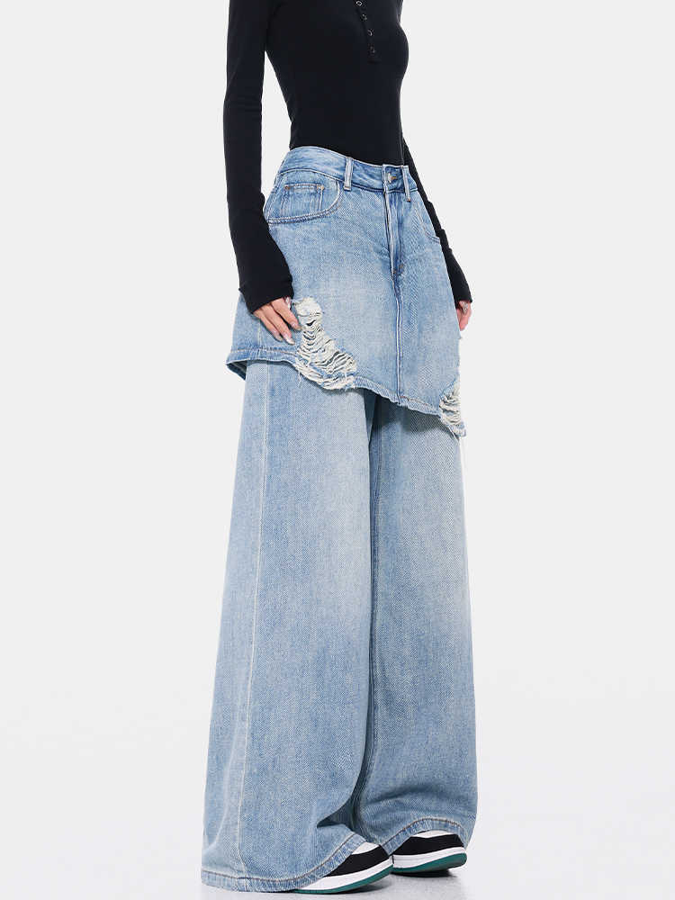 Vintage Blue Washed Fake Two-piece Jeans For Women Ripped Straight Pants.
