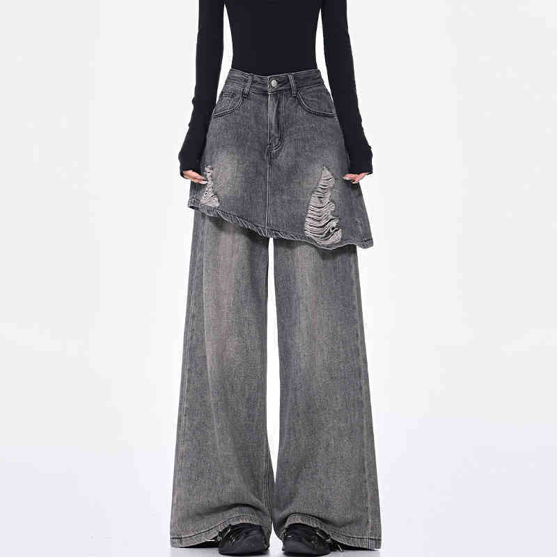Vintage Blue Washed Fake Two-piece Jeans For Women Ripped Straight Pants.