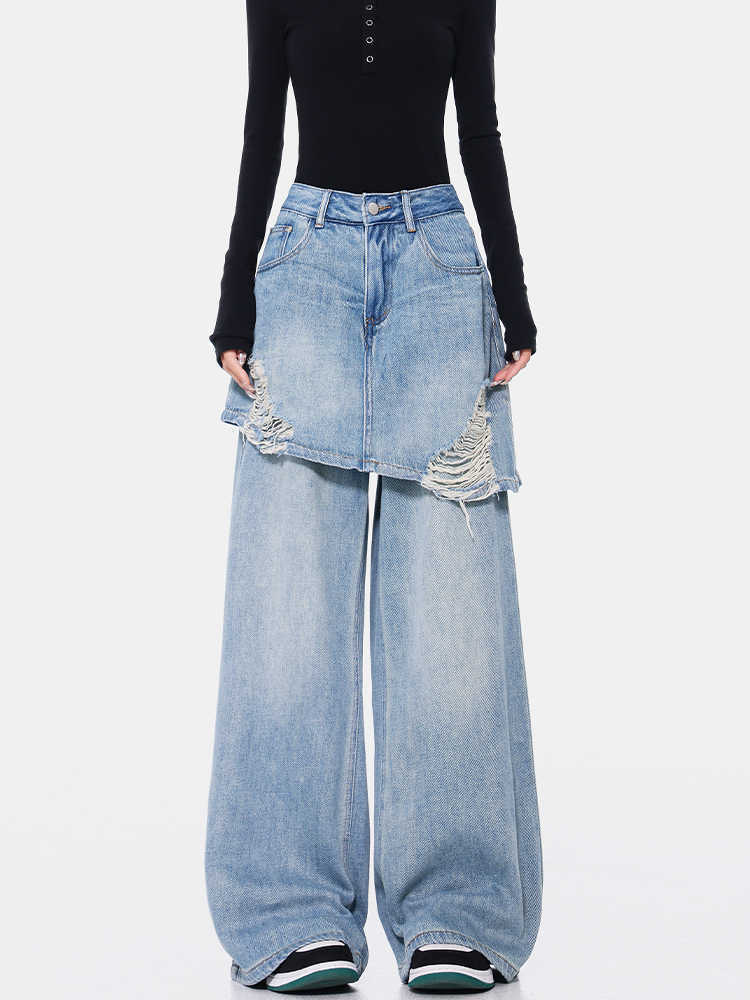 Vintage Blue Washed Fake Two-piece Jeans For Women Ripped Straight Pants.