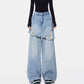 Vintage Blue Washed Fake Two-piece Jeans For Women Ripped Straight Pants.
