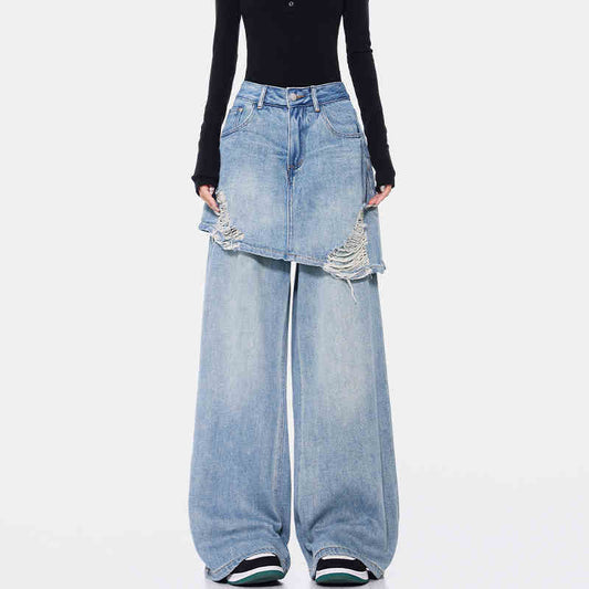 Vintage Blue Washed Fake Two-piece Jeans For Women Ripped Straight Pants.