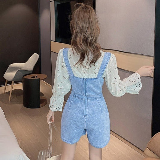 Wide Leg Denim Jumpsuit Loose Overalls Shorts.