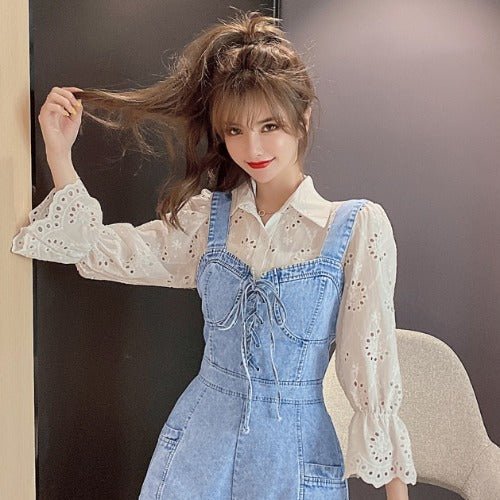 Wide Leg Denim Jumpsuit Loose Overalls Shorts.
