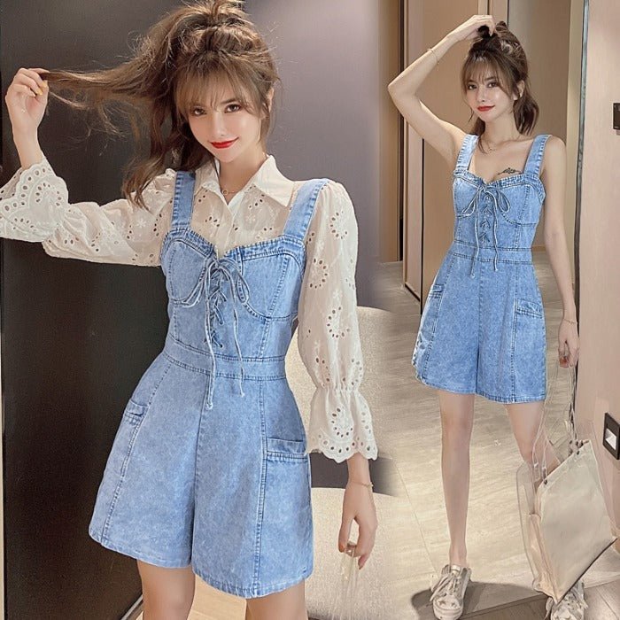 Wide Leg Denim Jumpsuit Loose Overalls Shorts.