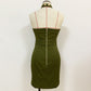 Women Lion Buttons Chain Green Cotton Backless Halter Dress.