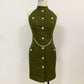 Women Lion Buttons Chain Green Cotton Backless Halter Dress.