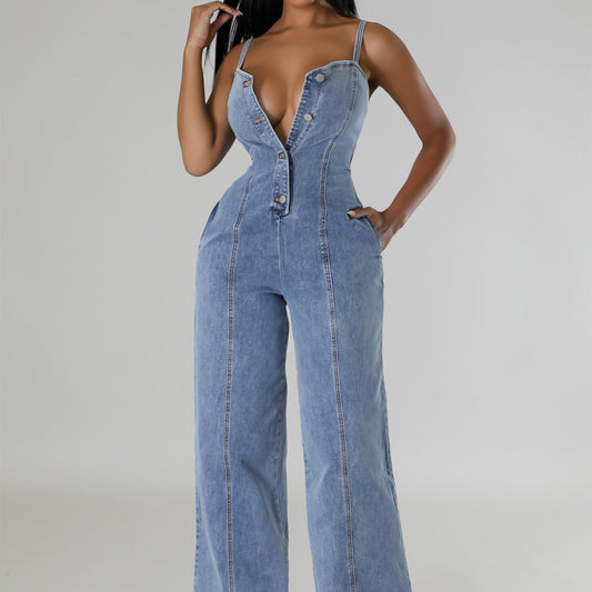 Women's Clothing Fashion Suspenders Denim Jumpsuit.