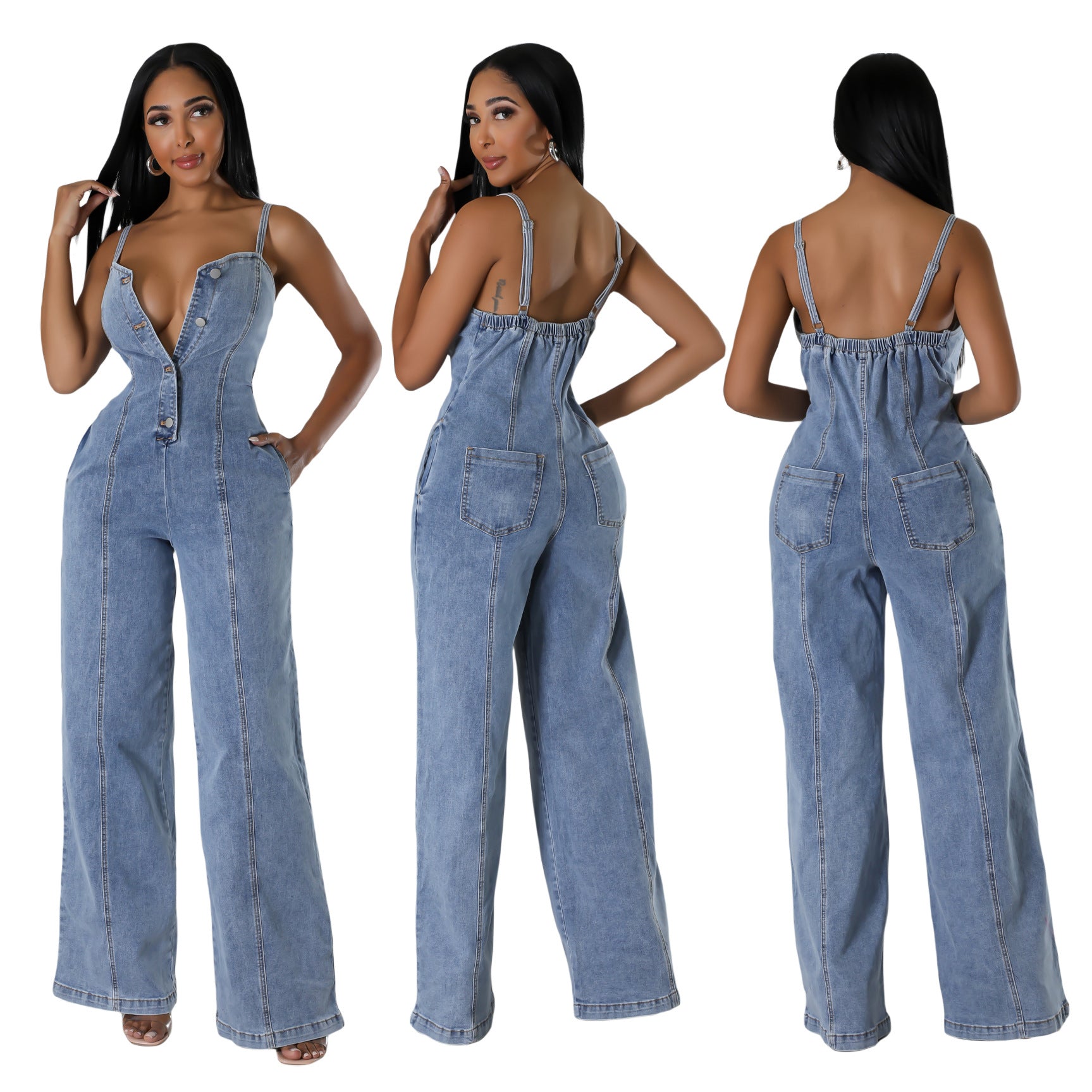 Women's Clothing Fashion Suspenders Denim Jumpsuit.
