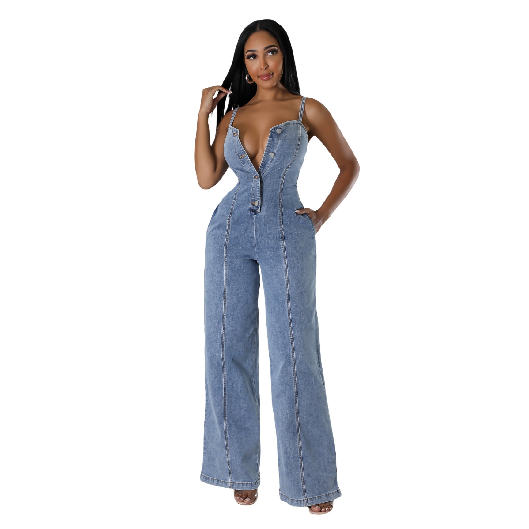 Women's Clothing Fashion Suspenders Denim Jumpsuit.