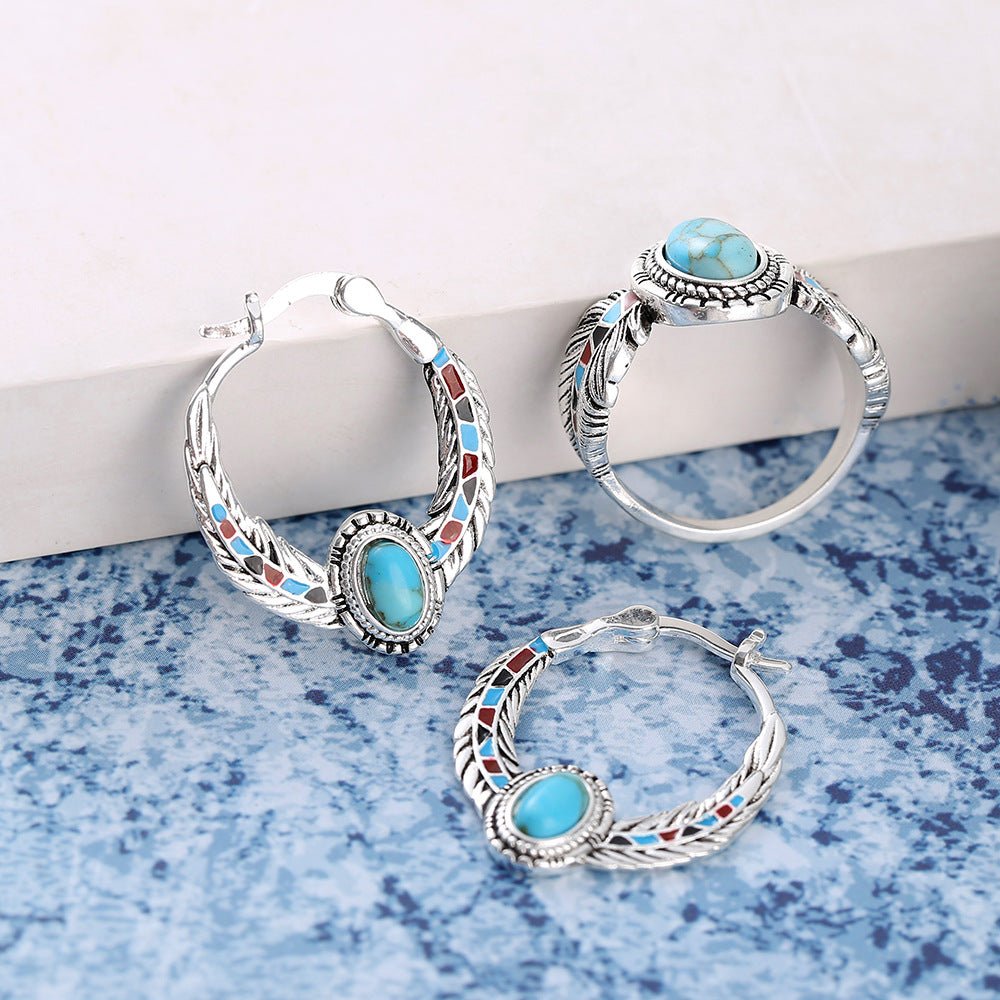 Women's European And American Inlaid Turquoise Eagle Feather Ring.