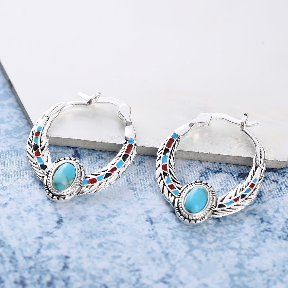 Women's European And American Inlaid Turquoise Eagle Feather Ring.