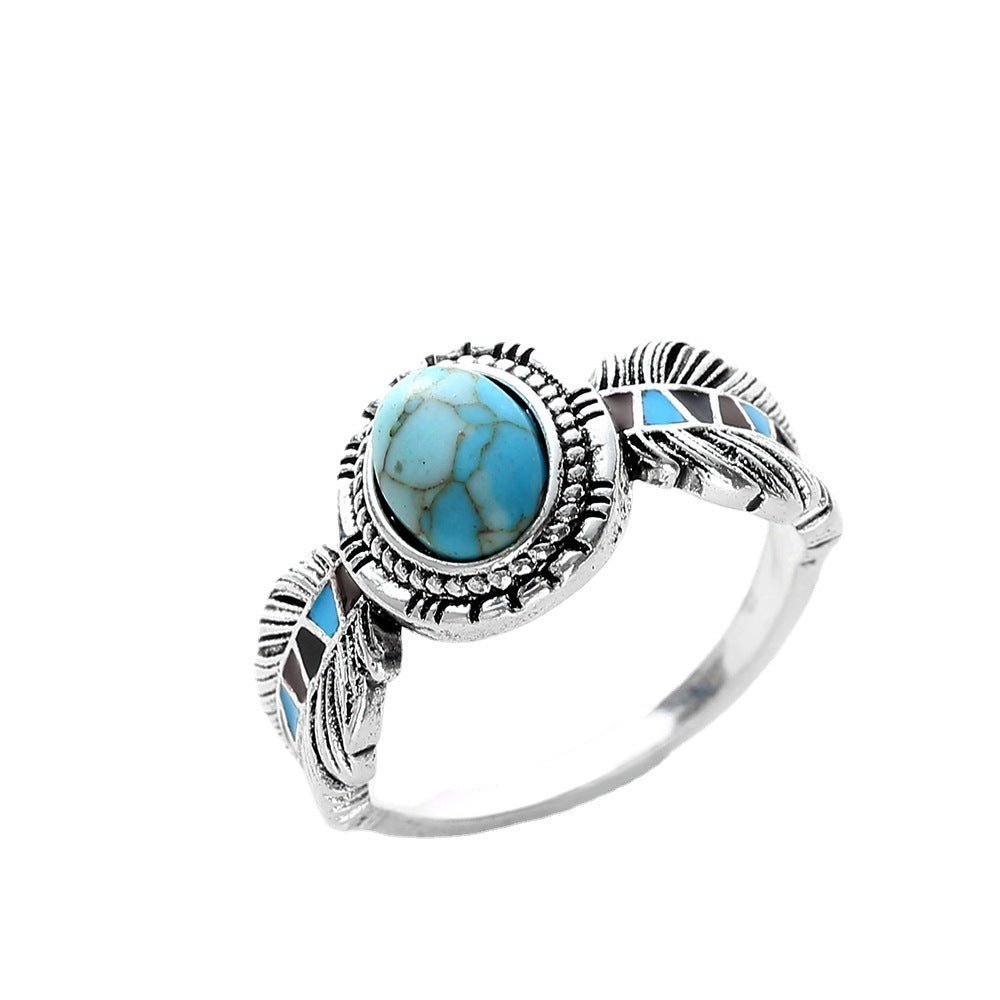 Women's European And American Inlaid Turquoise Eagle Feather Ring.