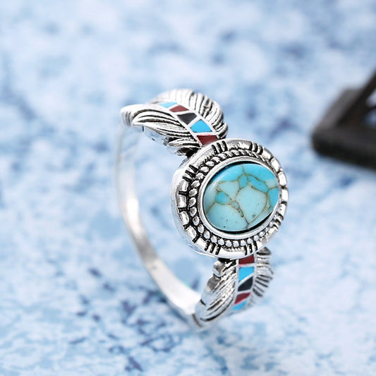 Women's European And American Inlaid Turquoise Eagle Feather Ring.