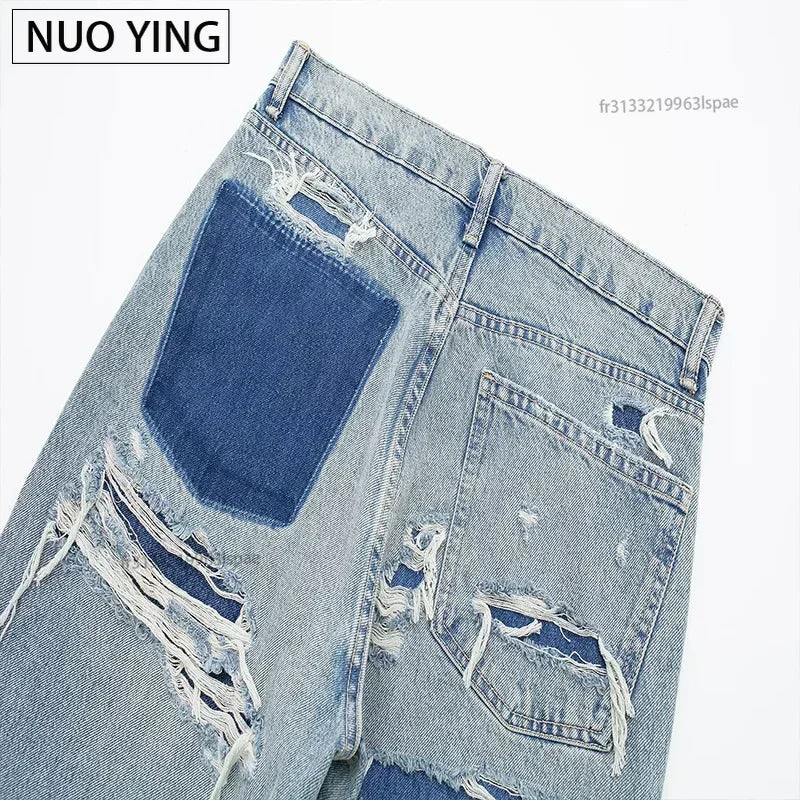 Women's Fashion Jeans Solid Colour Loose Trousers Gradient Casual Streetwear Pant Broken Holes Decorated 2025.