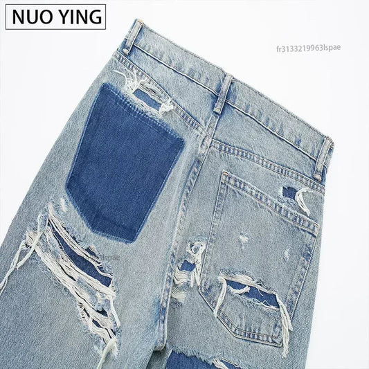 Women's Fashion Jeans Solid Colour Loose Trousers Gradient Casual Streetwear Pant Broken Holes Decorated 2025.