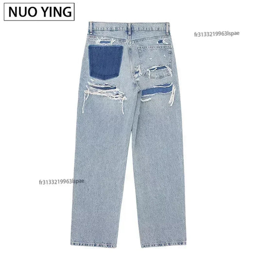 Women's Fashion Jeans Solid Colour Loose Trousers Gradient Casual Streetwear Pant Broken Holes Decorated 2025.