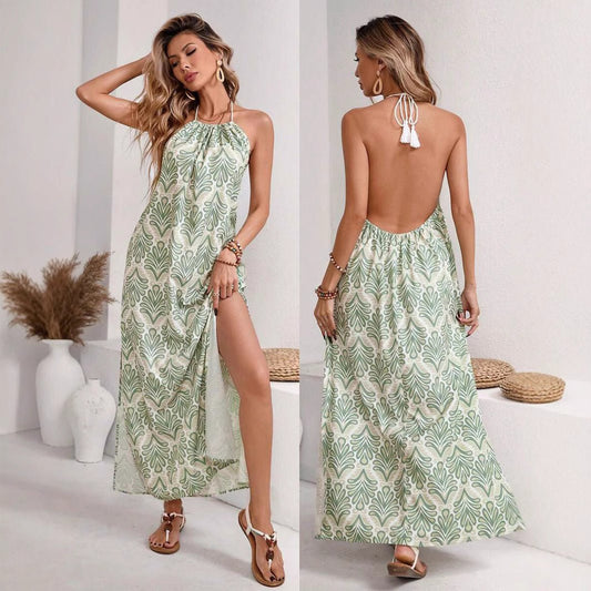 Women's Halter Tassel Lace-up Backless Slit Holiday Dress.