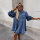 Women's New Spring And Summer Shirt Button Denim Long Sleeve Dress.