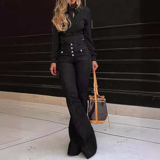 Women's Patchwork Jeans Slim Fit Slimming Stretch Flared Pants.