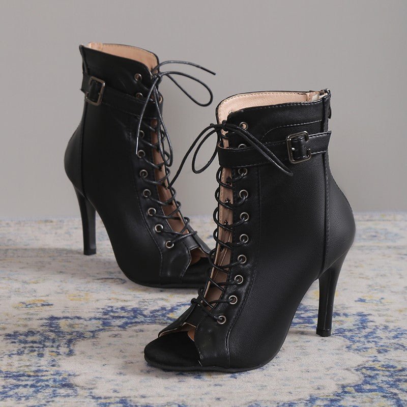 Women's Peep Toe High Heel Pumps Shoes Fashion Lace-up Buckle Sandals With Back Zipper Design.