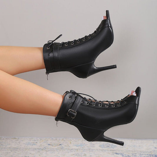 Women's Peep Toe High Heel Pumps Shoes Fashion Lace-up Buckle Sandals With Back Zipper Design.