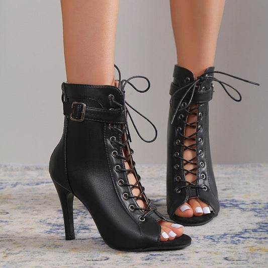 Women's Peep Toe High Heel Pumps Shoes Fashion Lace-up Buckle Sandals With Back Zipper Design.