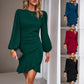 Women's Puff Long Sleeve Fashion Graceful Solid Color Slim Hip-covering Short Dress Womens Clothing.