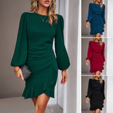 Women's Puff Long Sleeve Fashion Graceful Solid Color Slim Hip-covering Short Dress Womens Clothing.