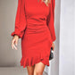 Women's Puff Long Sleeve Fashion Graceful Solid Color Slim Hip-covering Short Dress Womens Clothing.