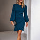 Women's Puff Long Sleeve Fashion Graceful Solid Color Slim Hip-covering Short Dress Womens Clothing.