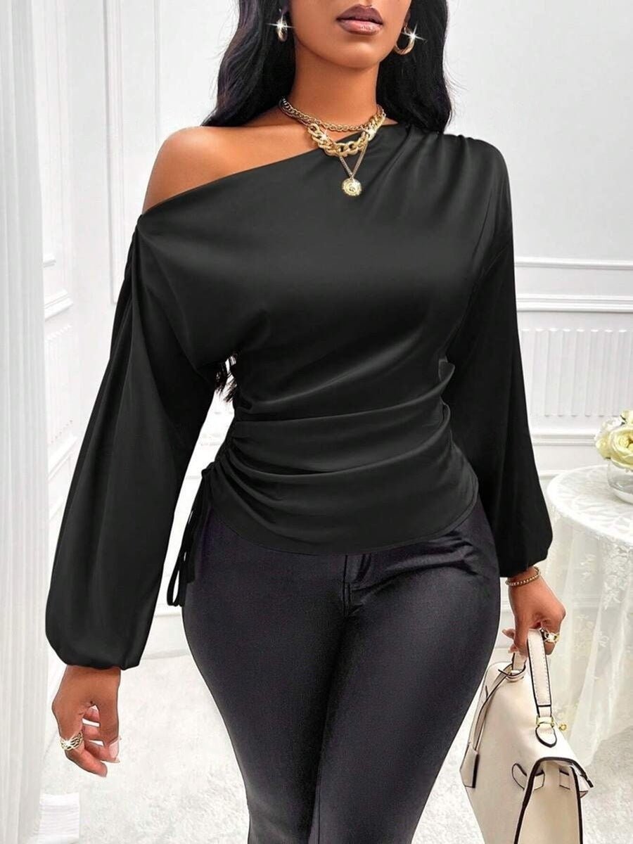 Women's Satin Shirt Asymmetric Long Sleeve Diagonal Collar Shirt Top.