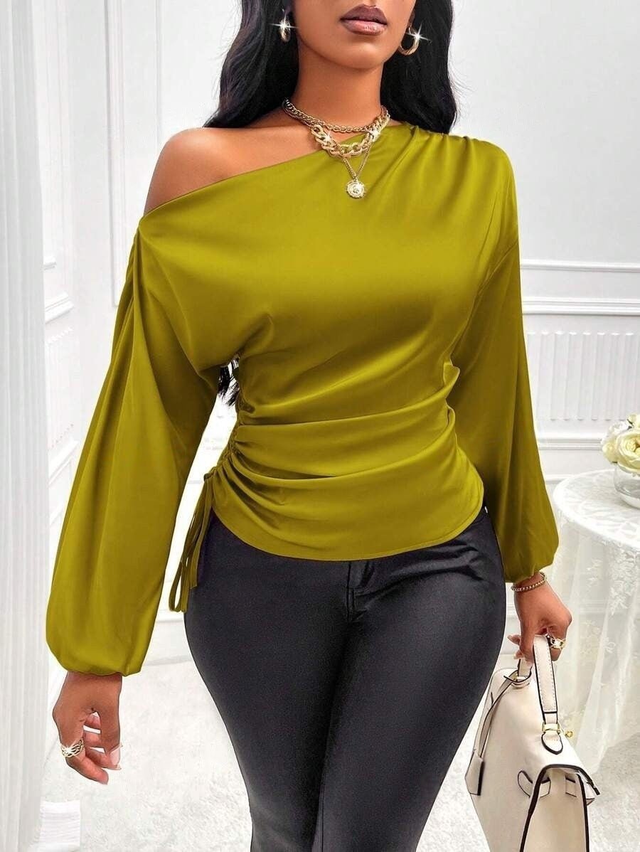 Women's Satin Shirt Asymmetric Long Sleeve Diagonal Collar Shirt Top.