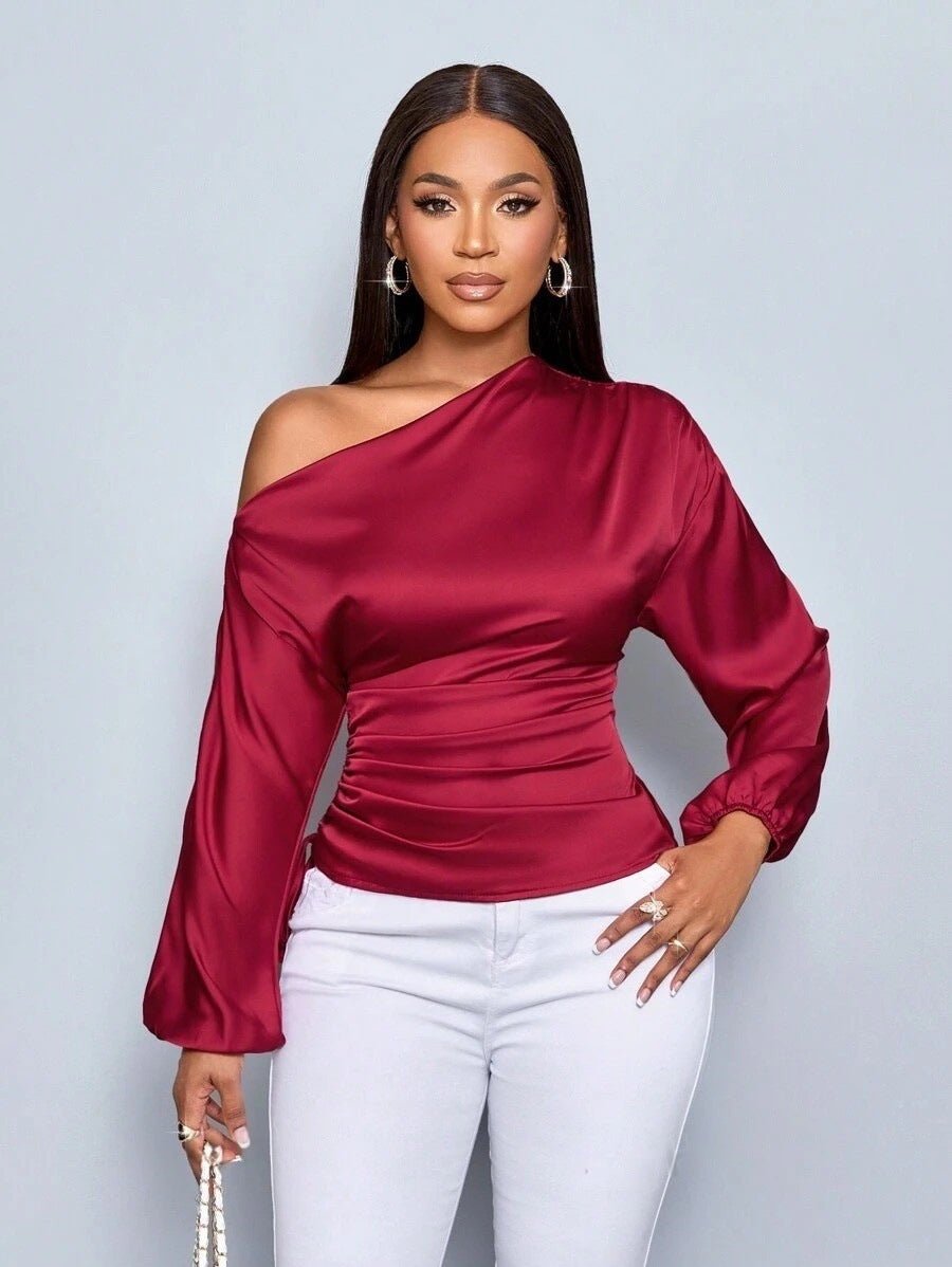 Women's Satin Shirt Asymmetric Long Sleeve Diagonal Collar Shirt Top.