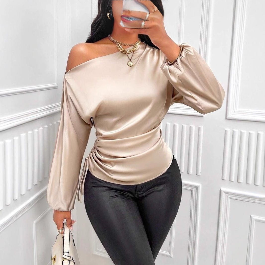 Women's Satin Shirt Asymmetric Long Sleeve Diagonal Collar Shirt Top.