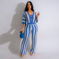 Women's Sexy V-neck Hollow Striped Lapel Knitted Width Blouse And Pants.