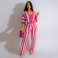 Women's Sexy V-neck Hollow Striped Lapel Knitted Width Blouse And Pants.