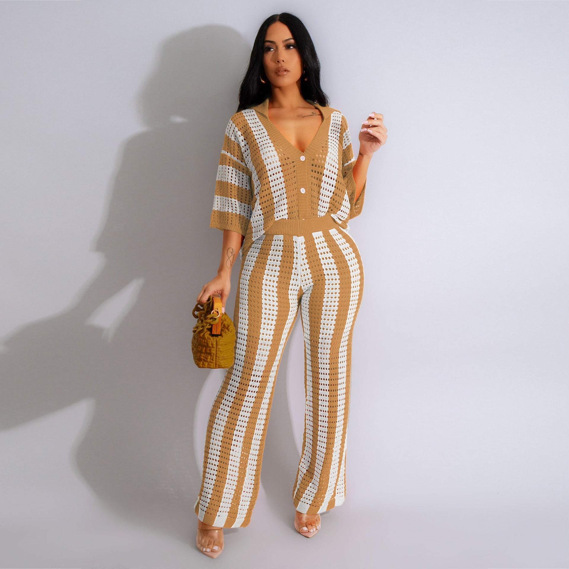 Women's Sexy V-neck Hollow Striped Lapel Knitted Width Blouse And Pants.