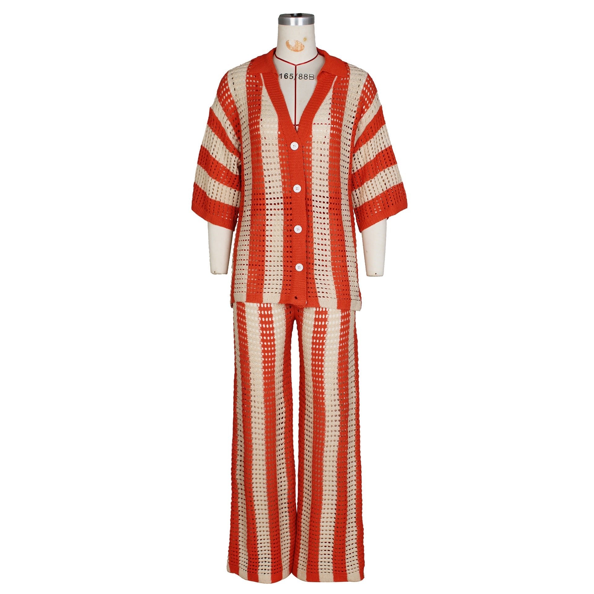 Women's Sexy V-neck Hollow Striped Lapel Knitted Width Blouse And Pants.