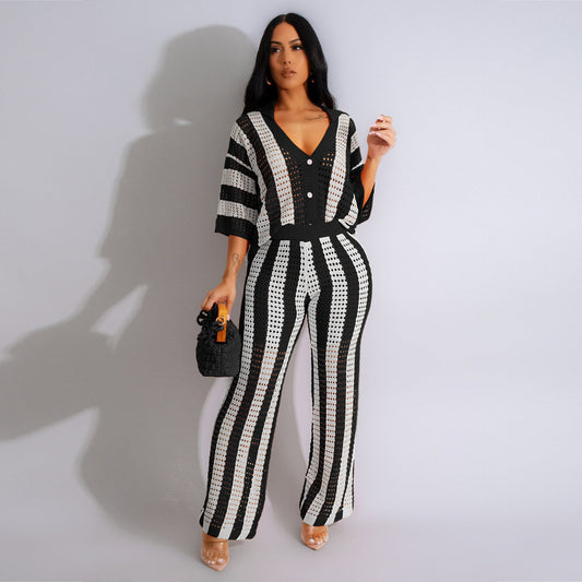 Women's Sexy V-neck Hollow Striped Lapel Knitted Width Blouse And Pants.