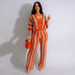 Women's Sexy V-neck Hollow Striped Lapel Knitted Width Blouse And Pants.